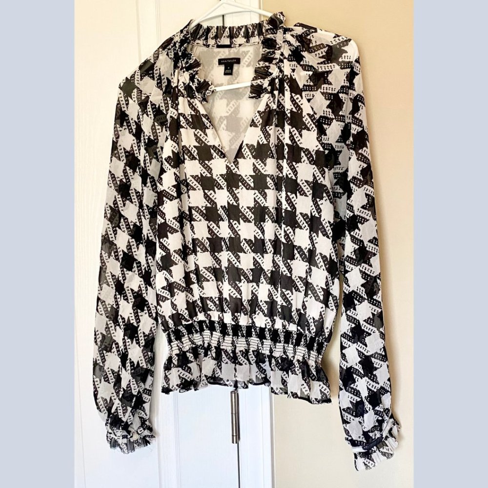 Ann Taylor Houndstooth Smocked Waist Top